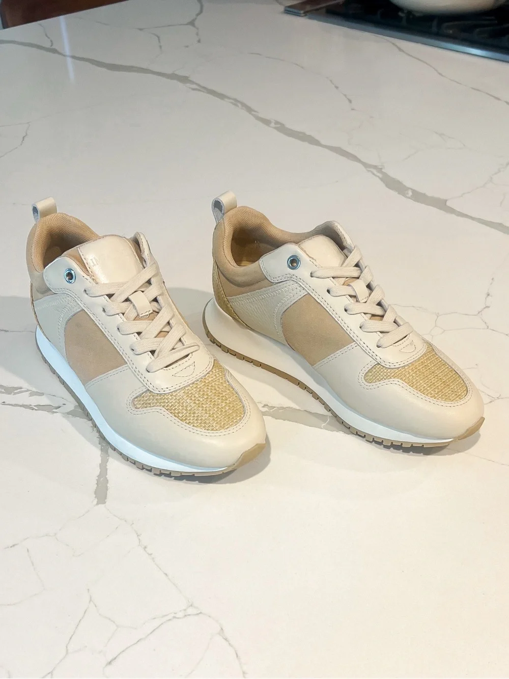 J. McLaughlin Emerson Rattan Leather Suede Tan and Beige Sneakers Womens Sz 7 M